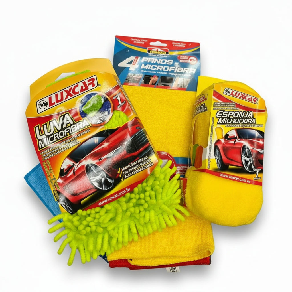 Kit de Microfibra Premium – Luva + 4 Panos + Esponja de Microfibra