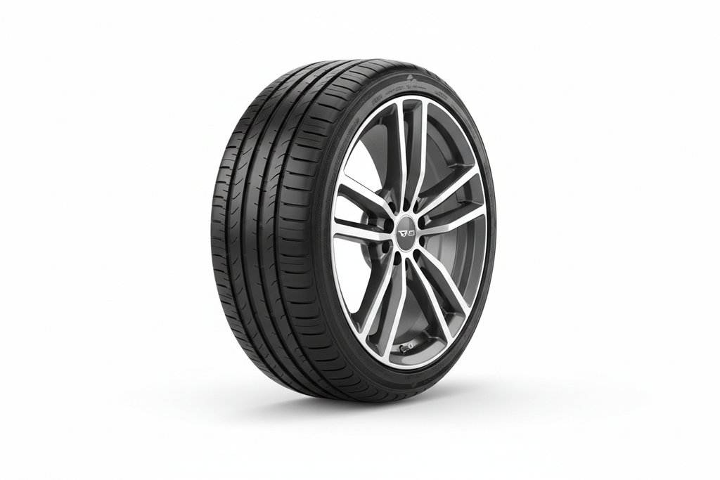 mostre um pneu bem pretinho, brilhante e limpo com uma roda de liga leve esportiva, a foto deve ser em fundo branco