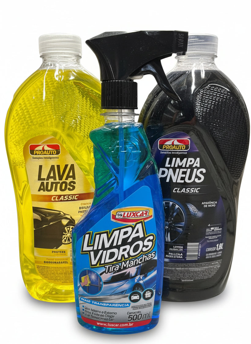 Kit de Limpeza Automotiva – Shampoo Neutro 1.8L + Limpa Pneus 1.8L + Limpa Vidros 500ml